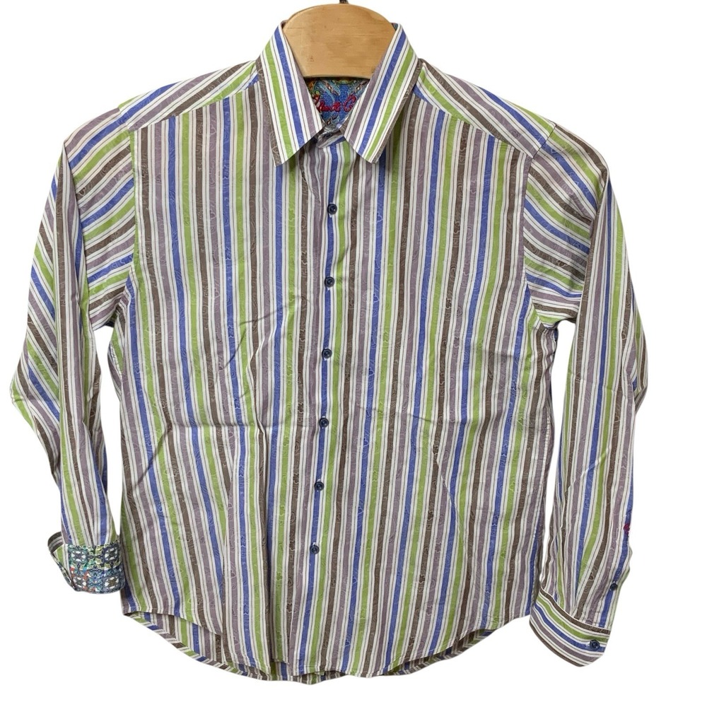 Robert Graham Striped Paisley Flip Cuff Long Sleeve Button Down Shirt Mens Large - Picture 2 of 12